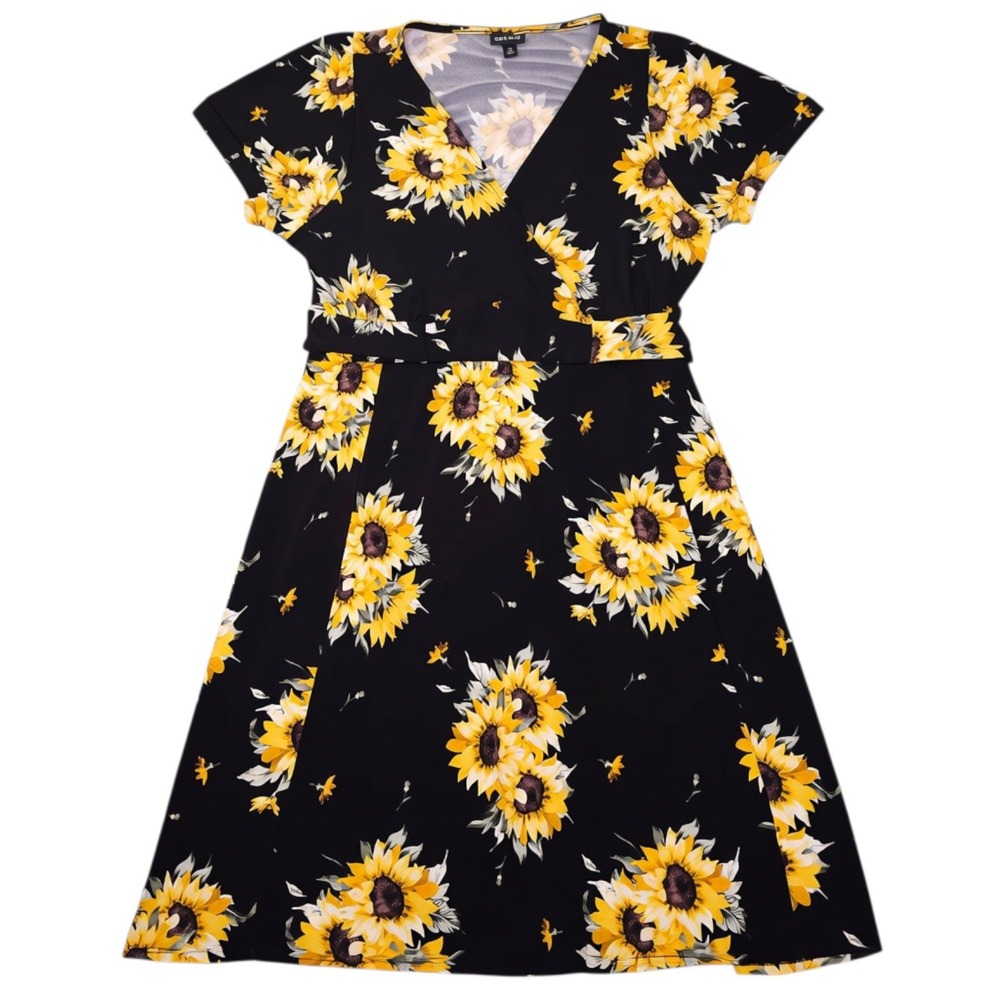 Torrid Dress Womens 0 12 Black Sunflower Studio Knit Surplice Puff Sleeve Floral